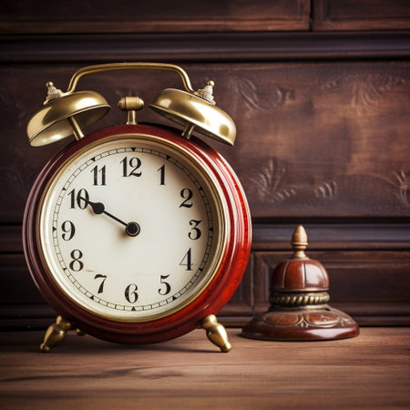 Vintage Alarm Clock on Wooden Table Generative AIの素材