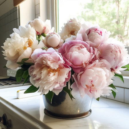 Fresh White and Pink Peonies from Garden Generative AIの素材