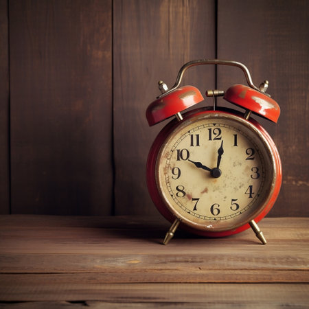 Vintage Alarm Clock on Wooden Table Generative AIの素材