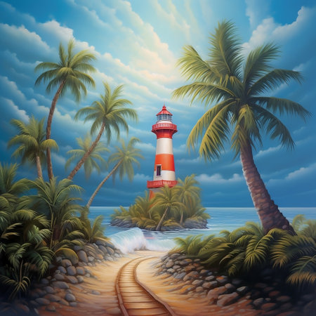 Tropical Palm and Lighthouse Generative AIの素材