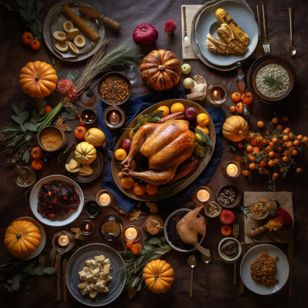 Thanksgiving Feast: Top View of Table with Dishes and Decor Generative AIの素材