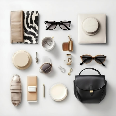 Top View of Woman's Accessories on White Table Generative AIの素材