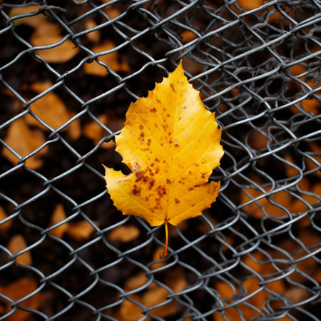 Fall Season Yellow Leaf on Mesh Fence Generative AIの素材