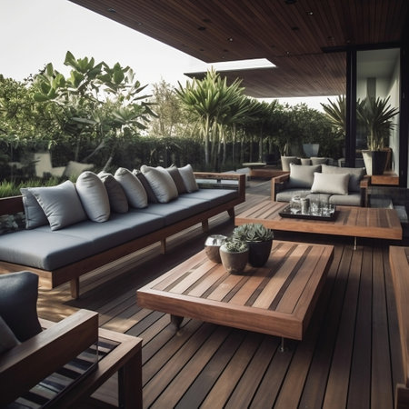 Stylish Modern Terrace Wooden Sofa and Coffee Tables Generative AIの素材