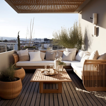 Stylish Modern Terrace Wooden Sofa and Coffee Tables Generative AIの素材