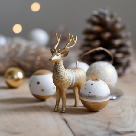 Wooden Reindeer with White and Gold Baubles in Snow Generative AIの素材