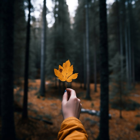 Woman's Hand Holding Yellow Fall Leaf on Background Generative AIの素材