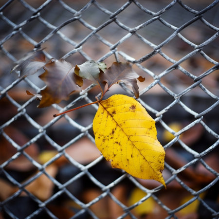 Fall Season Yellow Leaf on Mesh Fence Generative AIの素材