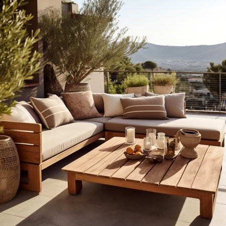 Stylish Modern Terrace Wooden Sofa and Coffee Tables Generative AIの素材