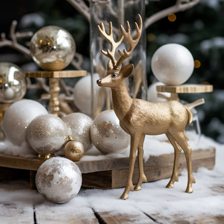 Wooden Reindeer with White and Gold Baubles in Snow Generative AIの素材