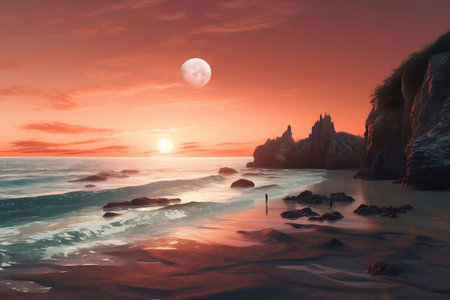 Serene Sunset Beach Image Generative AIの素材