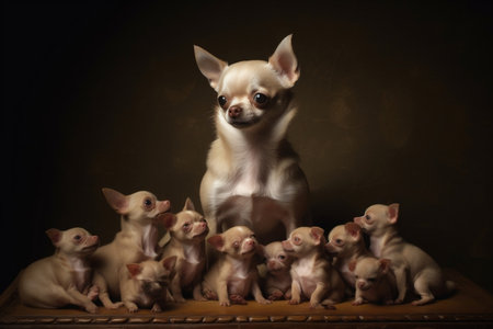 Charming Chihuahua with a Litter of Newborn Puppies Generative AIの素材