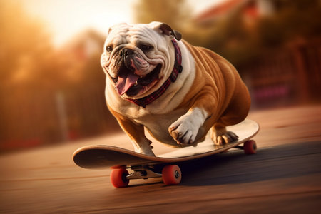 Playful Bulldog Skateboarding Stunt Generative AIの素材