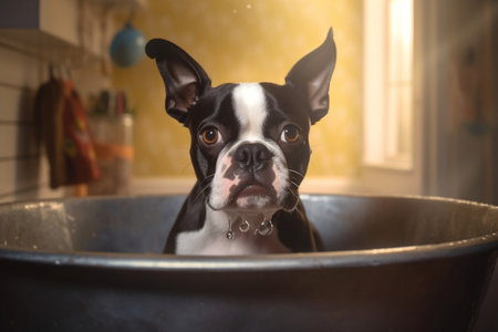 Adorable Boston Terrier Enjoying a Sink Bath Generative AIの素材