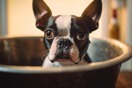 Adorable Boston Terrier Enjoying a Sink Bath Generative AIの素材