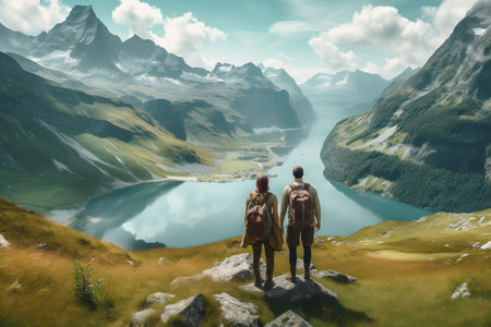 Romantic Couple on Mountain Summit, Gazing Into the Distancez Generative AIの素材