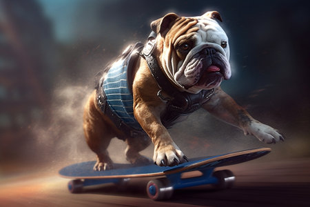 Playful Bulldog Skateboarding Stunt Generative AIの素材