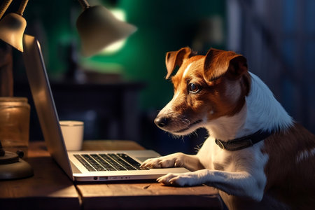 Curious Jack Russell Terrier Peering at a Laptop Generative AIの素材