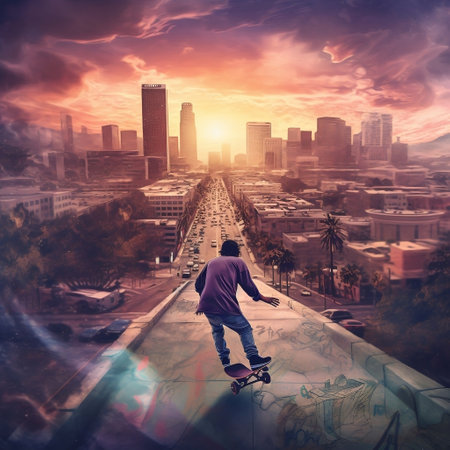 Urban Thrill Person Skateboarding Down a Cityscape Generative AIの素材