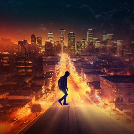 Urban Thrill Person Skateboarding Down a Cityscape Generative AIの素材