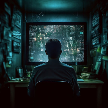 Focused Man Engrossed in Front of a Computer Screen Generative AIの素材