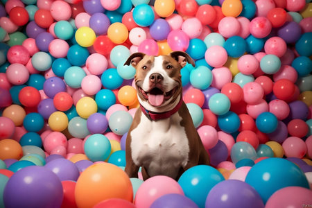 Majestic Pitbull Posing in a Room Filled with Ball Pit Generative AIの素材