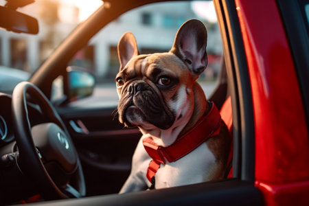 Bulldog Sitting in Car Image Generative AIの素材