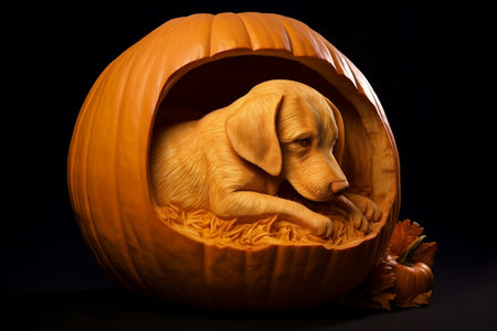 Dog Resting Head on Carved Pumpkin Image Generative AIの素材