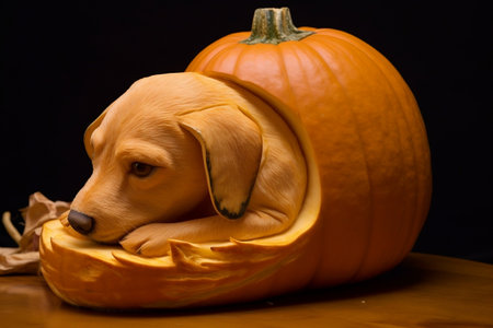 Dog Resting Head on Carved Pumpkin Image Generative AIの素材
