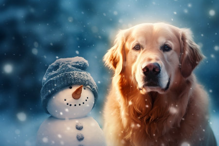 Snowman Banner with Golden Retriever Image Generative AIの素材
