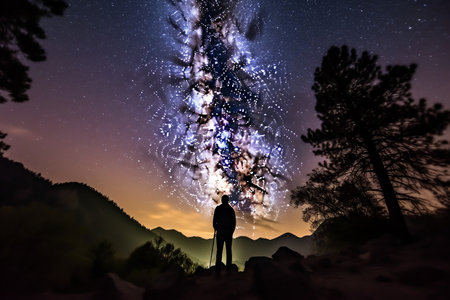 Silhouette of Hiker Looking at Milky Way Image Generative AIの素材