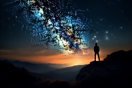 Silhouette of Hiker Looking at Milky Way Image Generative AIの素材