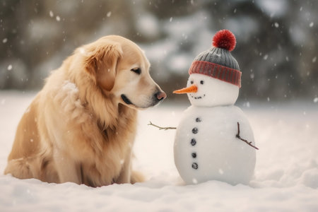 Snowman Banner with Golden Retriever Image Generative AIの素材