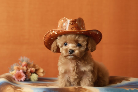 Small Apricot Toy Poodle Wearing Cowboy Hat Image Generative AIの素材