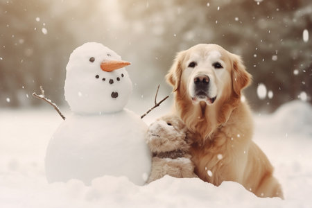 Snowman Banner with Golden Retriever Image Generative AIの素材