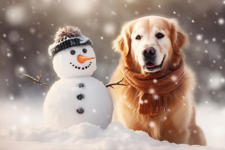 Snowman Banner with Golden Retriever Image Generative AIの素材
