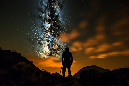 Silhouette of Hiker Looking at Milky Way Image Generative AIの素材