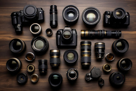 Camera Bodies and Lenses on Flat Surface Image Generative AIの素材