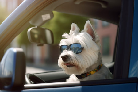 West Highland White Terrier Riding with Goggles On Generative AIの素材