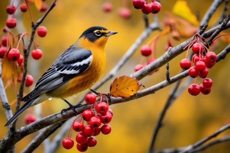 Varied Thrush Feeding on Crab Apple Tree Berry Generative AIの素材