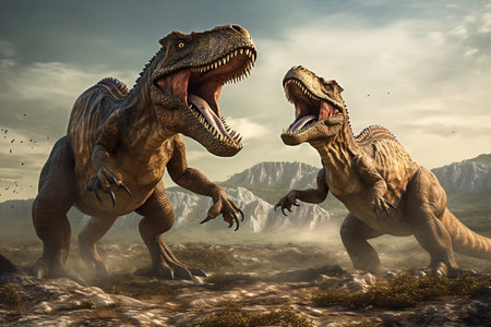 Cliffside Battle of Two Tyrannosaurus Rex Dinosaurs Generative AIの素材
