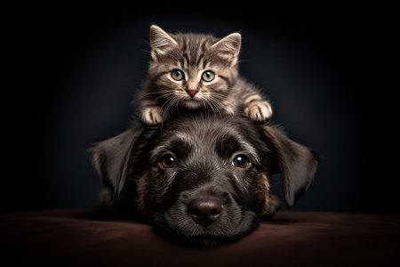 Cute Dog with Kitten on Head Studio Shot Generative AIの素材