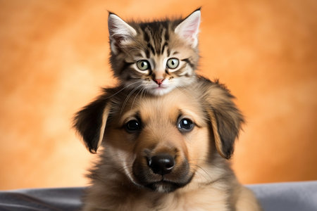 Cute Dog with Kitten on Head Studio Shot Generative AIの素材