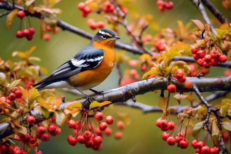 Varied Thrush Feeding on Crab Apple Tree Berry Generative AIの素材