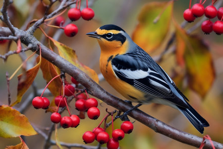 Varied Thrush Feeding on Crab Apple Tree Berry Generative AIの素材
