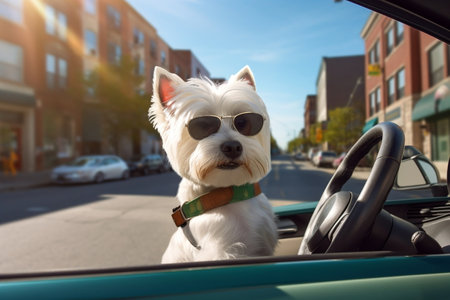 West Highland White Terrier Riding with Goggles On Generative AIの素材