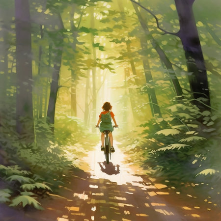 Adventure Amidst Nature Girl Cycling Forest Trail with Serenity Generative AIの素材