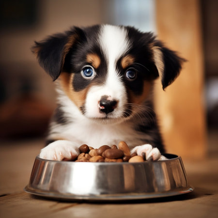 Charming Puppy Enjoying Dog Food from a Bowl Generative AIの素材