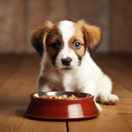 Charming Puppy Enjoying Dog Food from a Bowl Generative AIの素材
