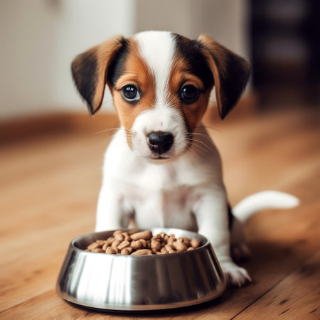 Charming Puppy Enjoying Dog Food from a Bowl Generative AIの素材